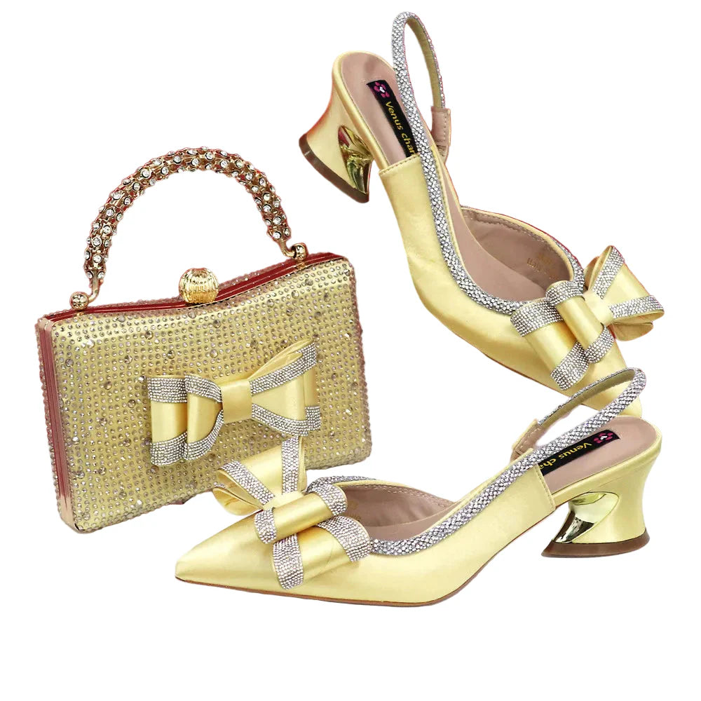 Med Heel Shoes for Women Italian Design Shoes and Bag Set