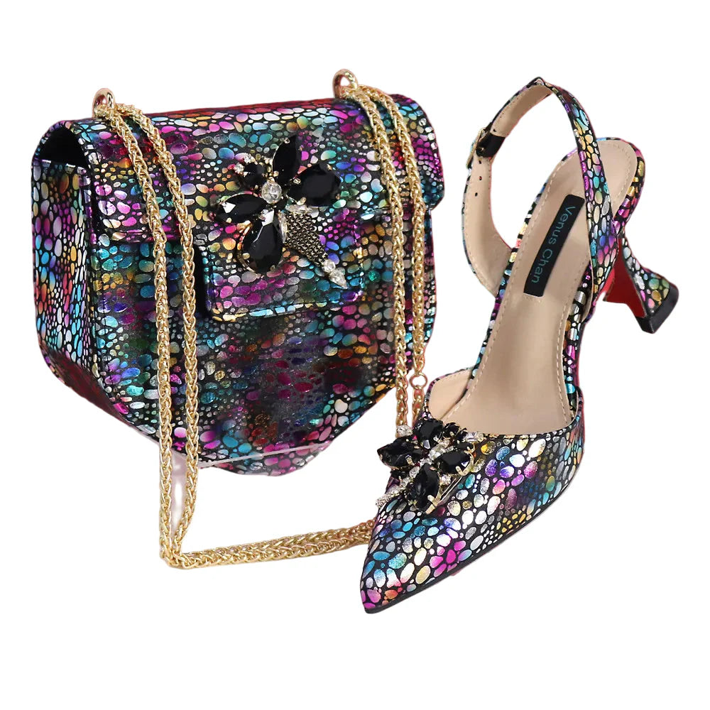 New Heels Pointed Toe Design Ladies Shoes Matching Bag Set