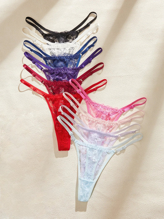 10Pcs/Set Lace Women Panties Low-Waist Sexy Hollow Out G-String Elastic Adjustable Waistband Sexy Lingerie Women's Underwear