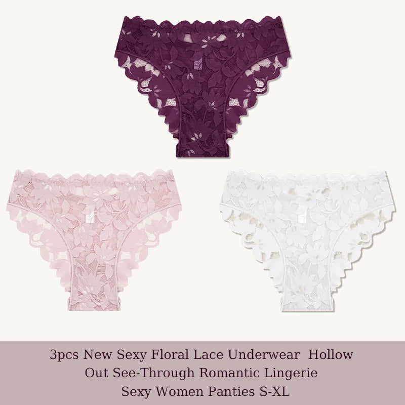 3Pcs/Set Sexy Floral Lace Underwear Panties Sets Hollow Out See-Through Romantic Lingerie Underwear Sexy Women Panties S-XL