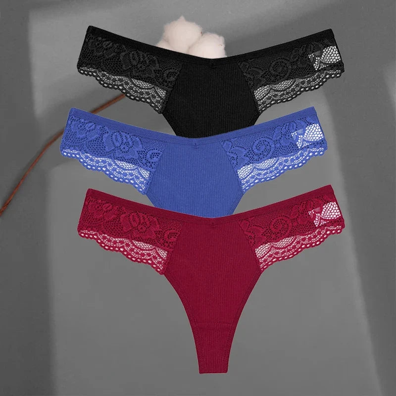 3Pcs/set Cotton Thongs Lace Bikini Underpants Women S-XL T-Back Underwear Ladies G-string Soft Thong Panties Female Lingerie New
