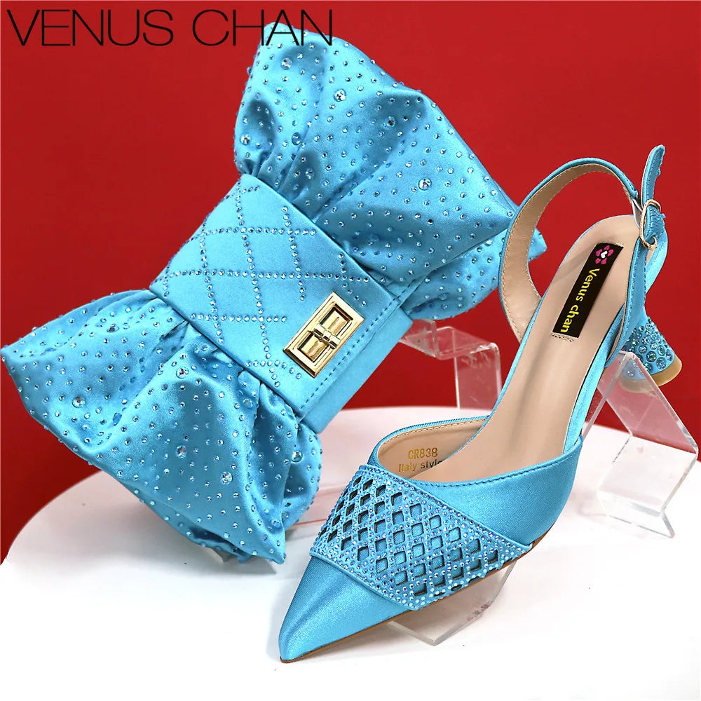 Latest Women Italian Shoes and Matching Bags Decorated with Rhinestone
