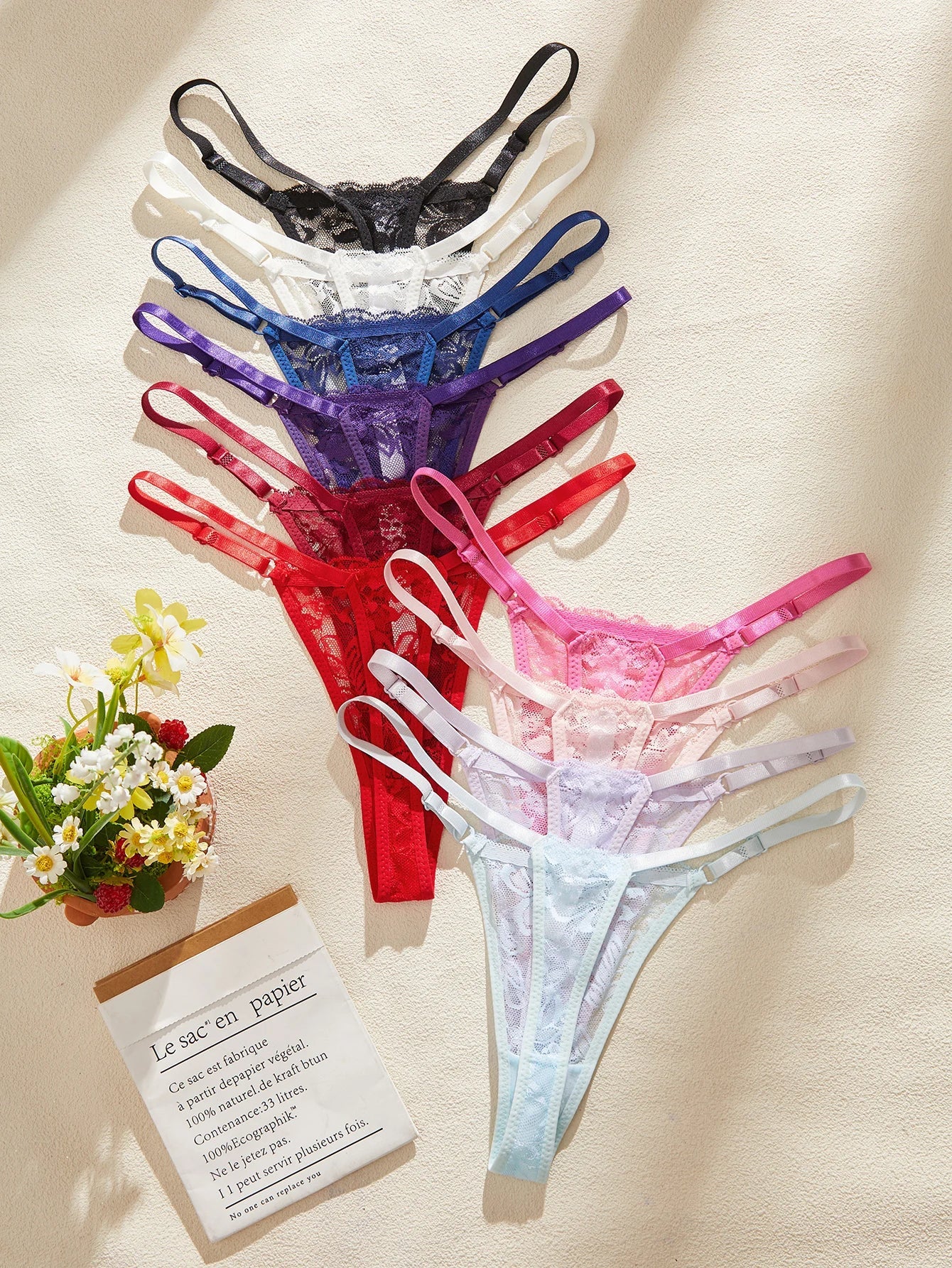 10Pcs/Set Lace Women Panties Low-Waist Sexy Hollow Out G-String Elastic Adjustable Waistband Sexy Lingerie Women's Underwear