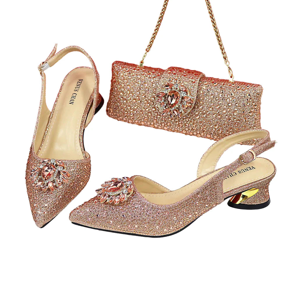 Design Pointed Toe Thin Heels Ladies Shoes Matching Bag Set