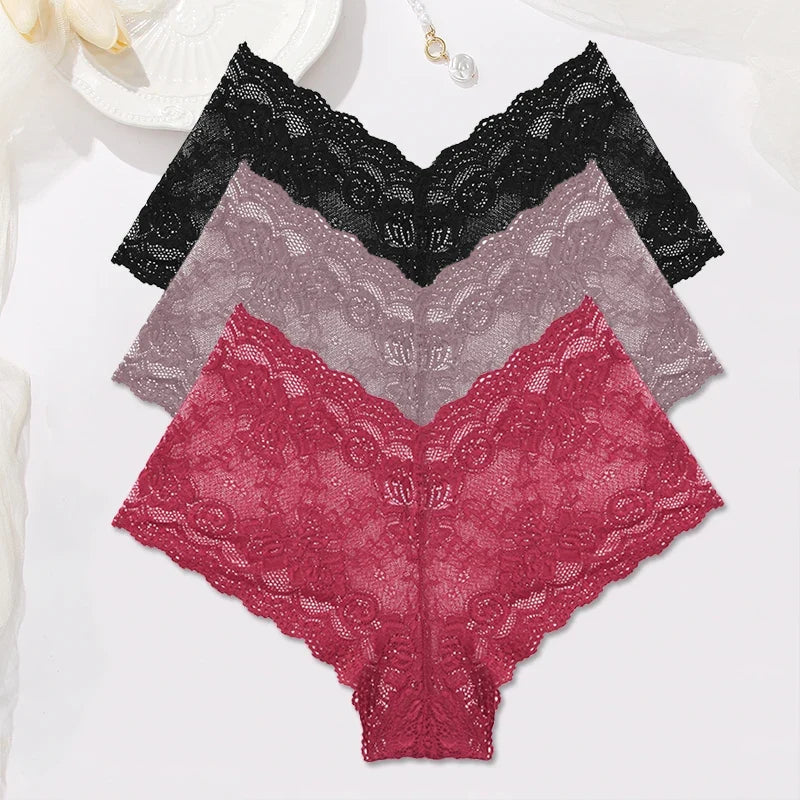 Sexy Lace Panties Women Boyshort Underwear 3Pcs/set Low-Rise Underpants S-XL Ladies Floral Panties Sexy Boyshort Female Lingerie