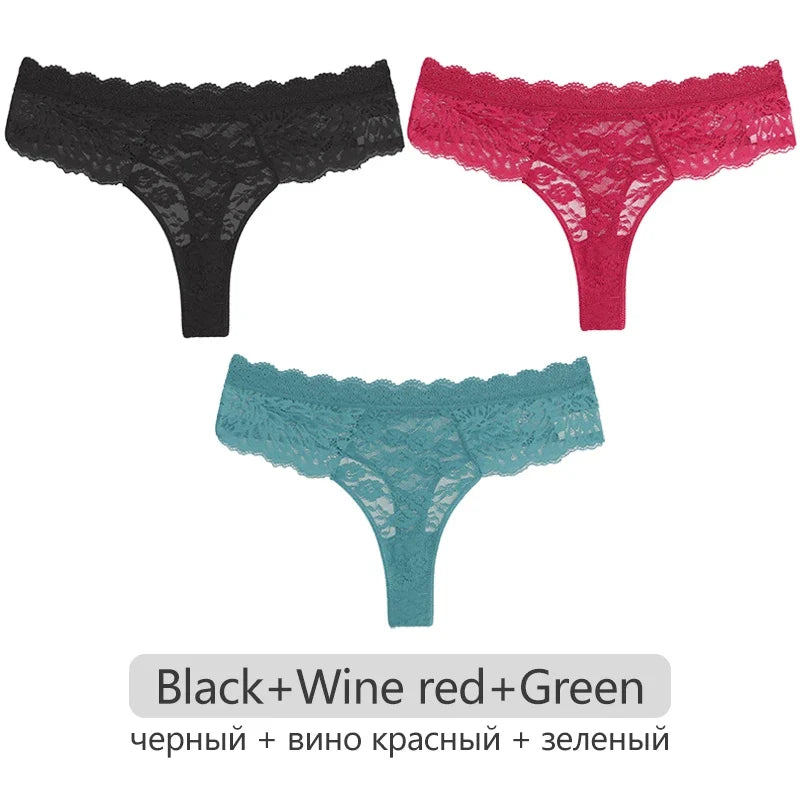 Full Lace Thongs Women 3Pcs/set Sexy G-string Underpants S-XL Ladies Floral T-Back Underwear Female Bikini Panties Girl Lingerie
