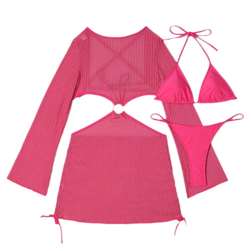 Special Mesh Hollowed Drawstring Strap Swimsuit Swimsuit Bikini Three-piece Set