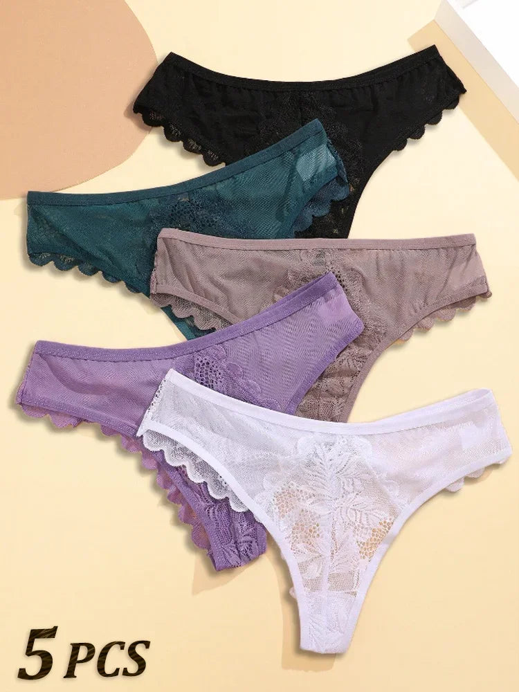5PCs/Set Sexy Lace Thongs for Women Solid G-String Panties Floral Perspective Underwear Female Soft Breathable Women Lingerie