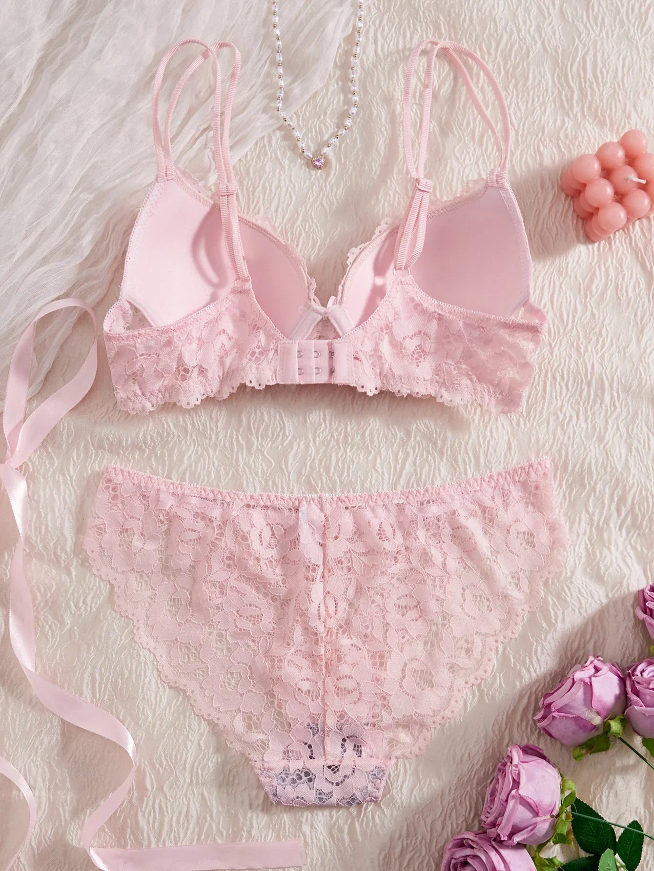 Women's Sexy Lingerie Set Lace Patchwork Solid Color Bowknot Rhinestone Embellished Push-Up Double Shoulder Strap Unlined Comfortable Underwear, Lace Semi-Transparent Breathable Panties