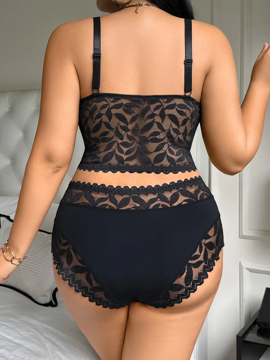 Sexy Plus Size Women's Underwear Set Floral Lace Unlined Wireless Bra Breathable Mesh Underwear Sexy Lingerie Set