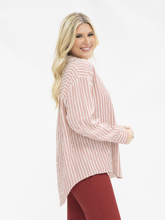Kathryn Classic Button-Up, Red Stripes