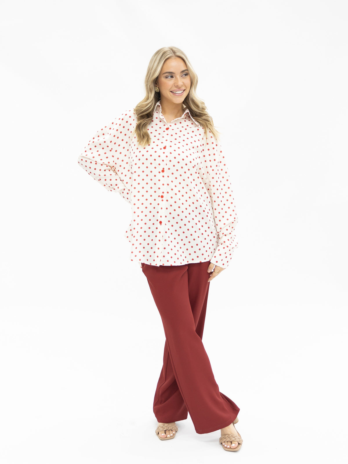 Kathryn Classic Button-Up, Red Polka-Dot