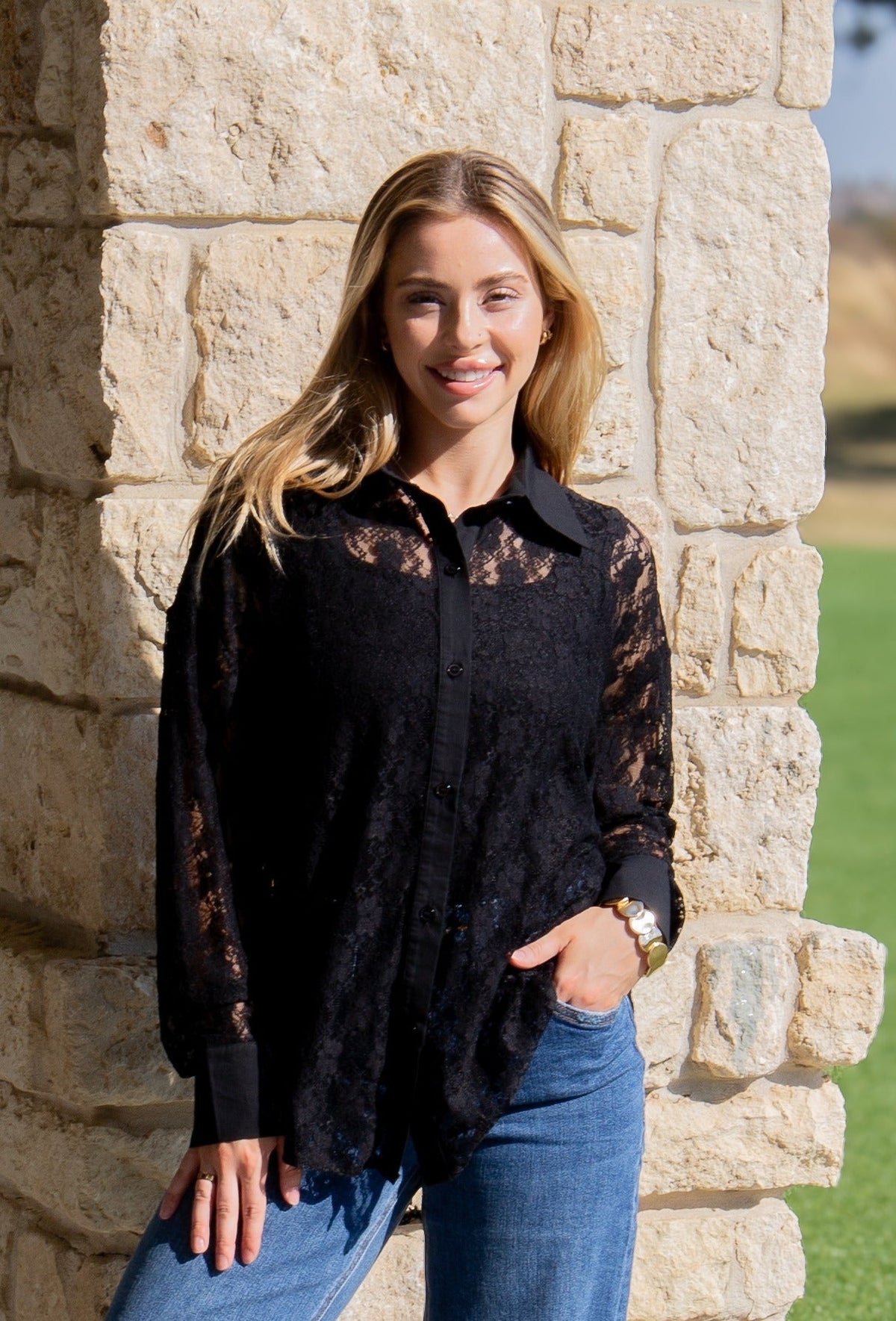 Kathryn Classic Button-Up, Black Lace