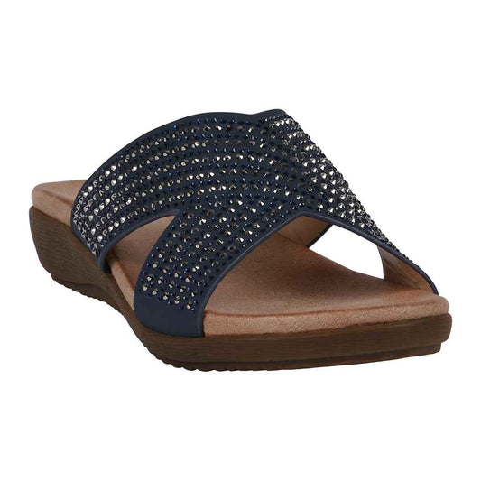 Women's Sharlene Navy Embellished Cross-Strap Flat Sandals Navy