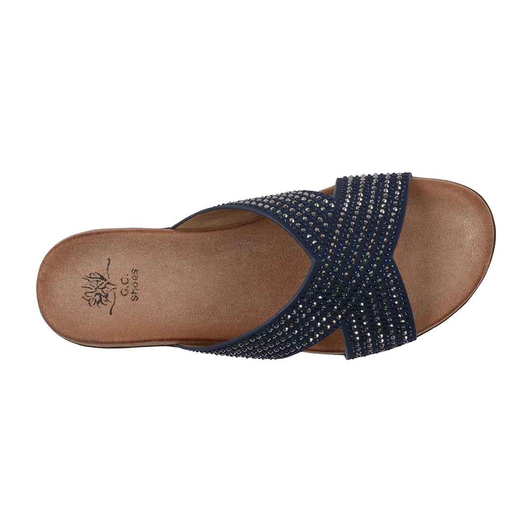 Women's Sharlene Navy Embellished Cross-Strap Flat Sandals