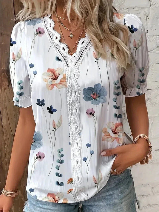 Fashion Casual Vacation Shirt Women Summer V Neck Hollow Out Solid