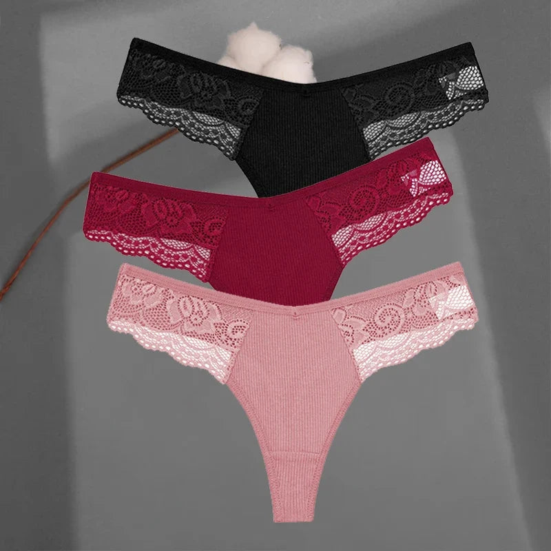 3Pcs/set Cotton Thongs Lace Bikini Underpants Women S-XL T-Back Underwear Ladies G-string Soft Thong Panties Female Lingerie New
