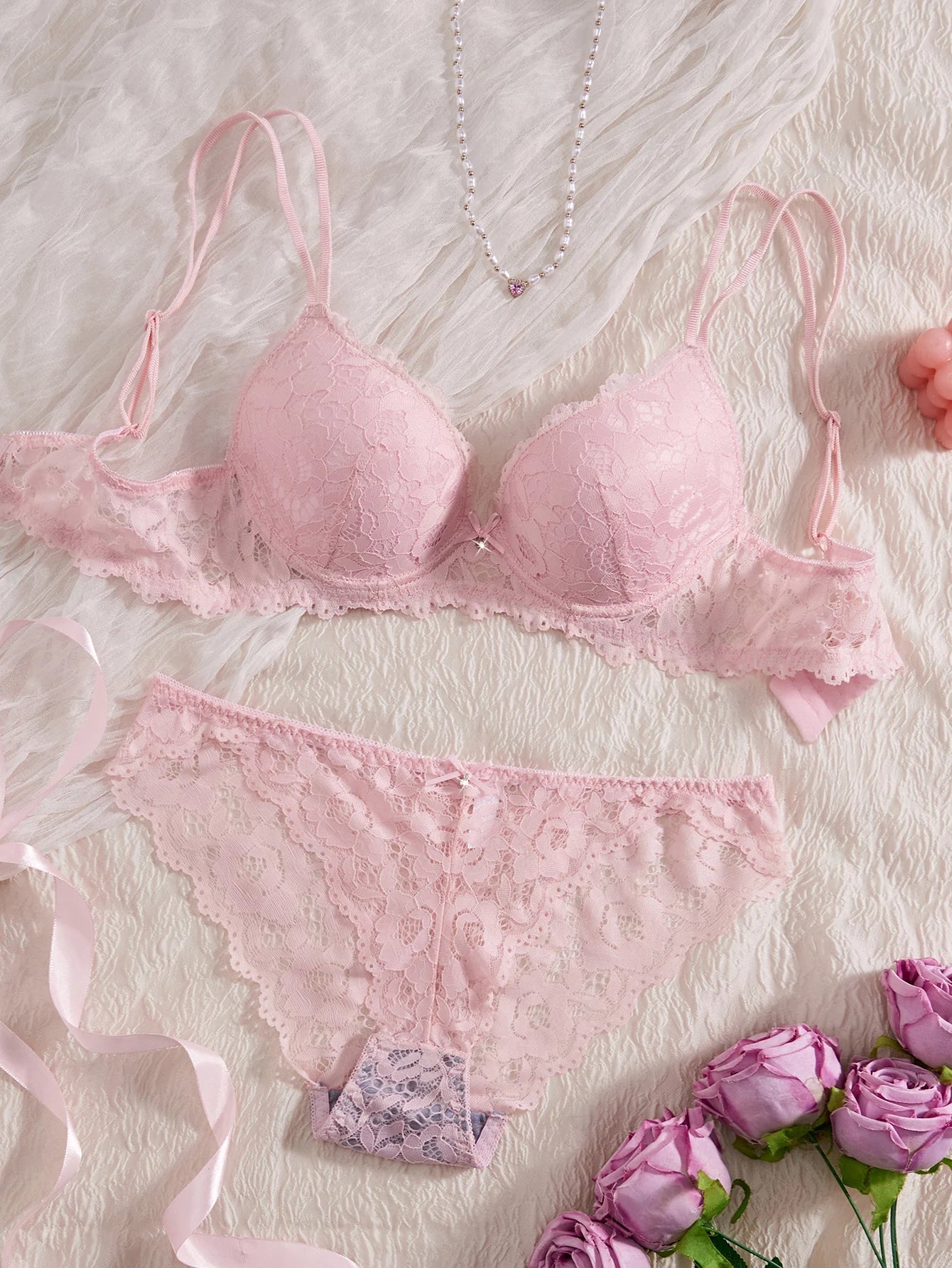 Women's Sexy Lingerie Set Lace Patchwork Solid Color Bowknot Rhinestone Embellished Push-Up Double Shoulder Strap Unlined Comfortable Underwear, Lace Semi-Transparent Breathable Panties