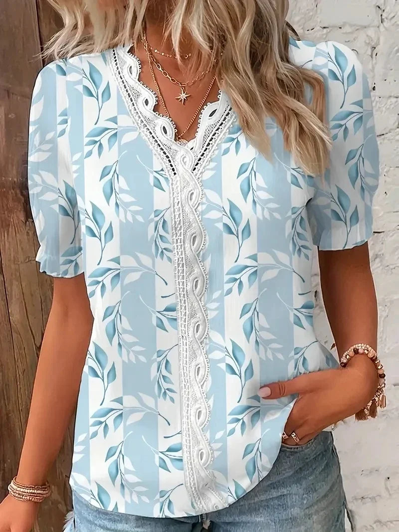 Fashion Casual Vacation Shirt Women Summer V Neck Hollow Out Solid