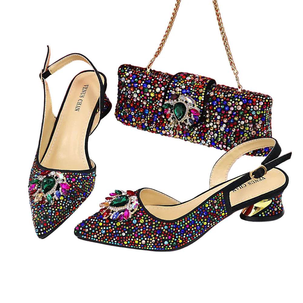 Design Pointed Toe Thin Heels Ladies Shoes Matching Bag Set