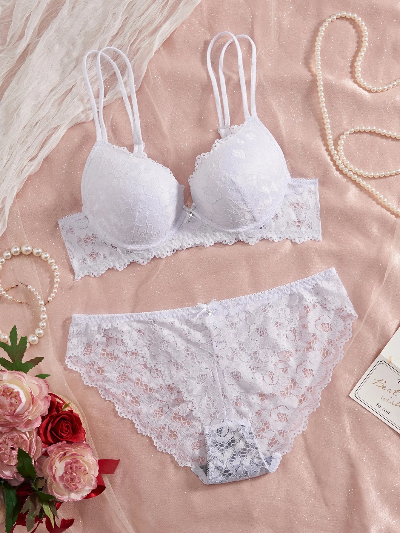 Women's Sexy Lingerie Set Lace Patchwork Solid Color Bowknot Rhinestone Embellished Push-Up Double Shoulder Strap Unlined Comfortable Underwear, Lace Semi-Transparent Breathable Panties