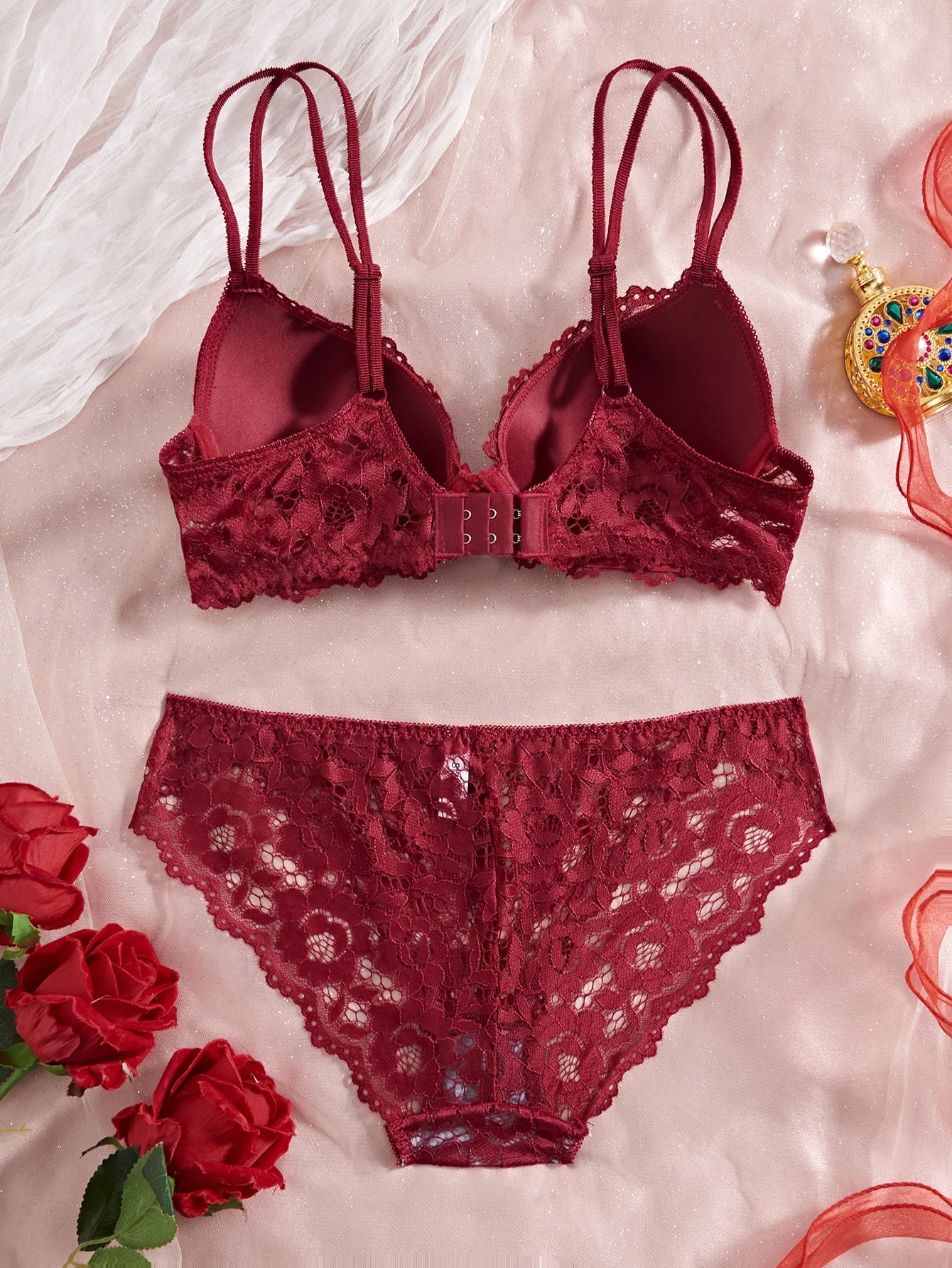Women's Sexy Lingerie Set Lace Patchwork Solid Color Bowknot Rhinestone Embellished Push-Up Double Shoulder Strap Unlined Comfortable Underwear, Lace Semi-Transparent Breathable Panties