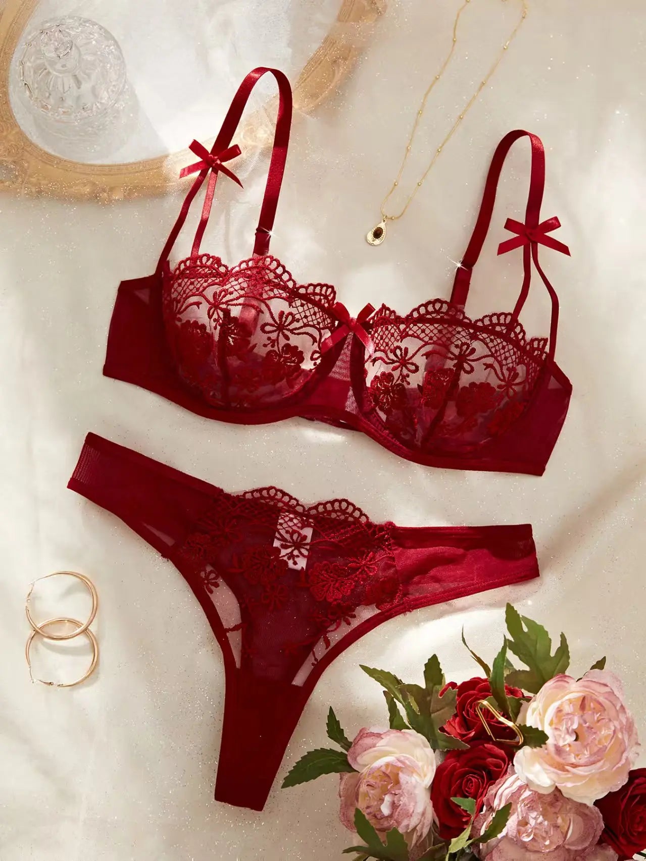 Lady Floral Embroidery Lingerie Set Women Sheer Bra and Brief Underwear Set Satin Sexy Intimates Underwear