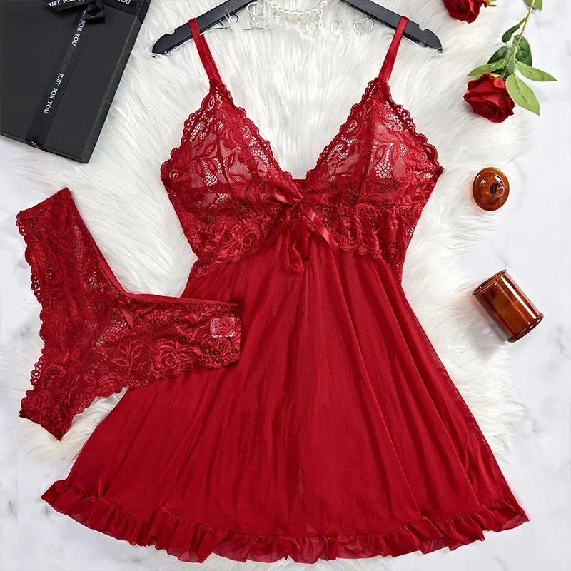 ALLTOOALL Women's Sleepwear Underwear Transparent Sexy Lace Red Lingerie Pijamas Sets Nightdress And Panty Female Nighty Clothes