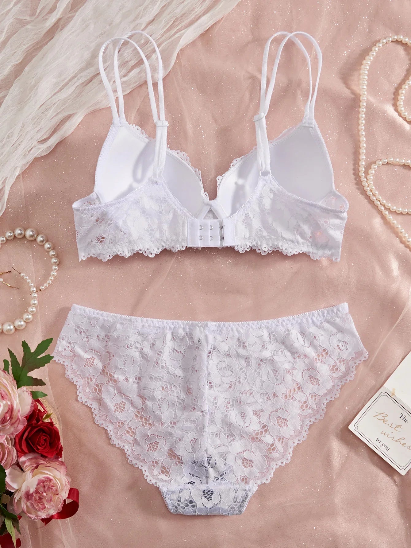 Women's Sexy Lingerie Set Lace Patchwork Solid Color Bowknot Rhinestone Embellished Push-Up Double Shoulder Strap Unlined Comfortable Underwear, Lace Semi-Transparent Breathable Panties