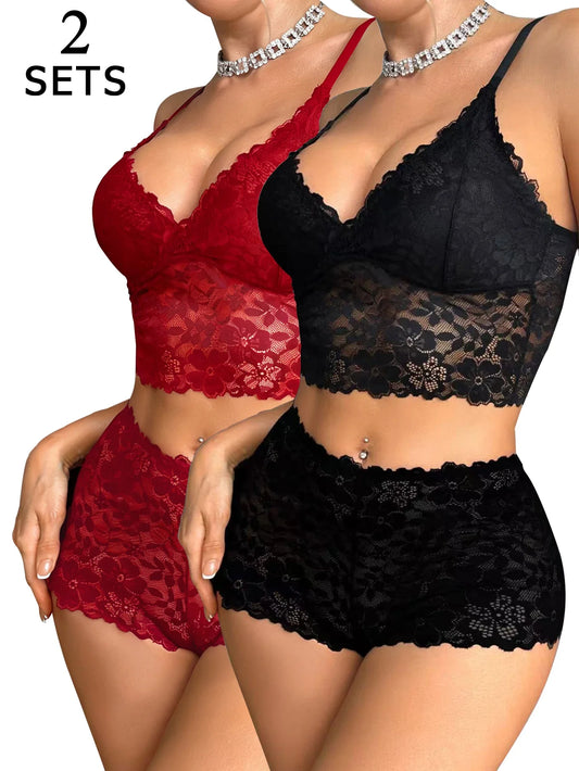 2 Sets Lace Women's Underwear Set Sexy Mesh Unlined Wireless Bra Soft Female Lace Panties Lingerie Set