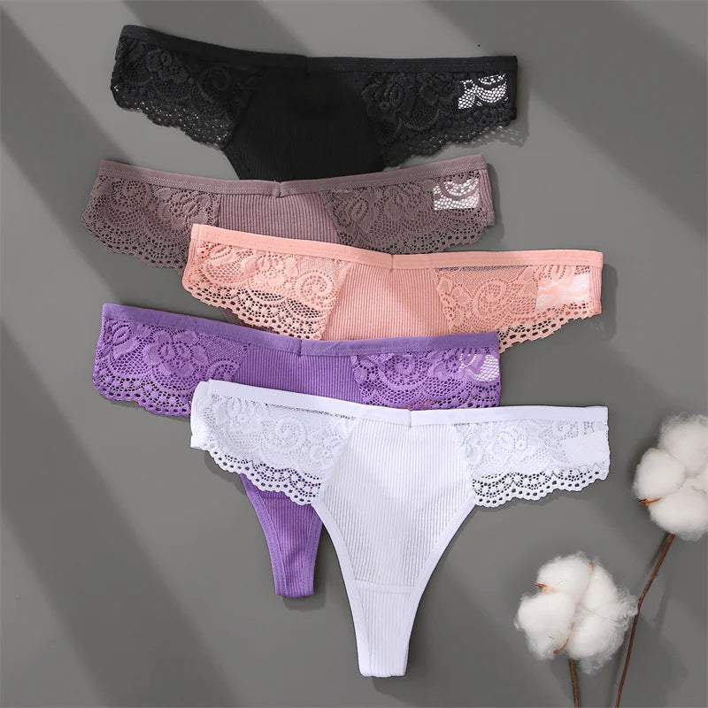 3Pcs/set Cotton Thongs Lace Bikini Underpants Women S-XL T-Back Underwear Ladies G-string Soft Thong Panties Female Lingerie New