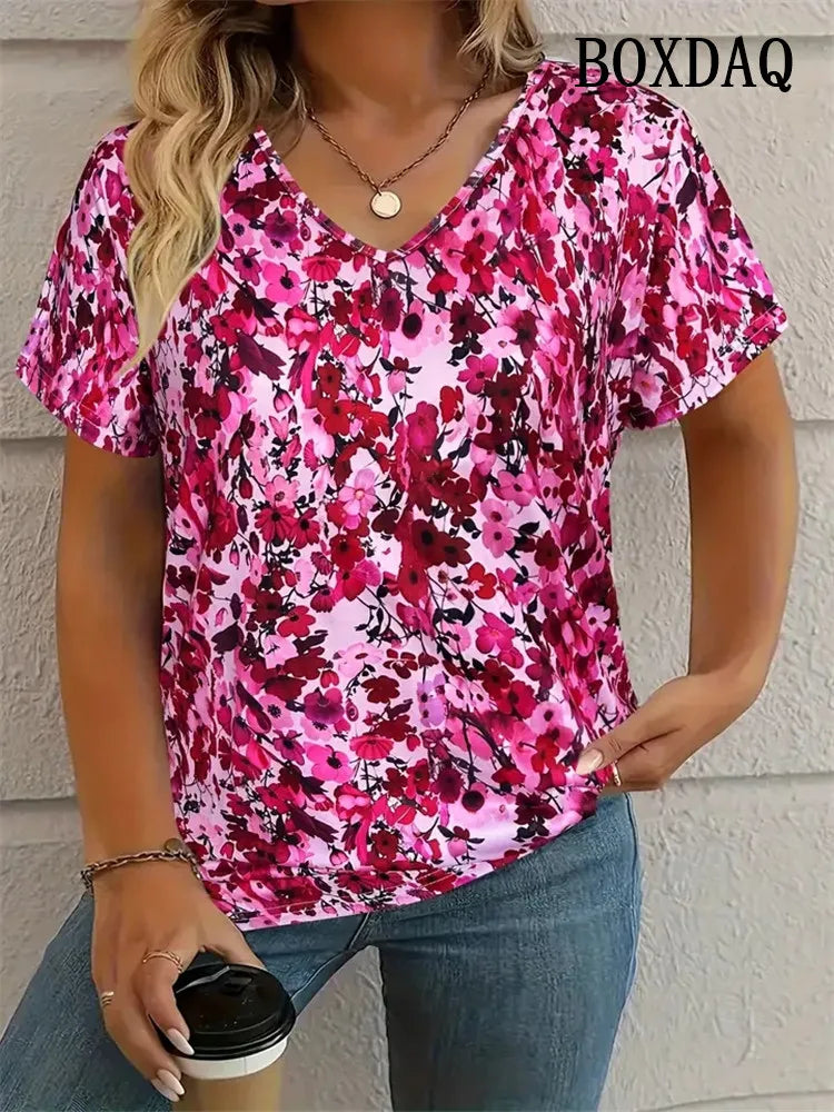 8XL Large Size T-Shirt Women Summer Casual Simple V-Neck Short-Sleeve