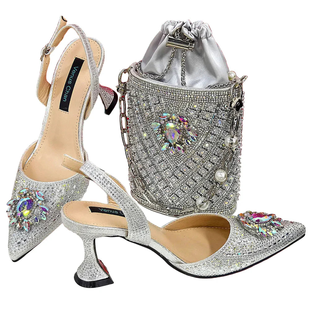 Women Shoes and Bag Set With Rhinestone Handbag