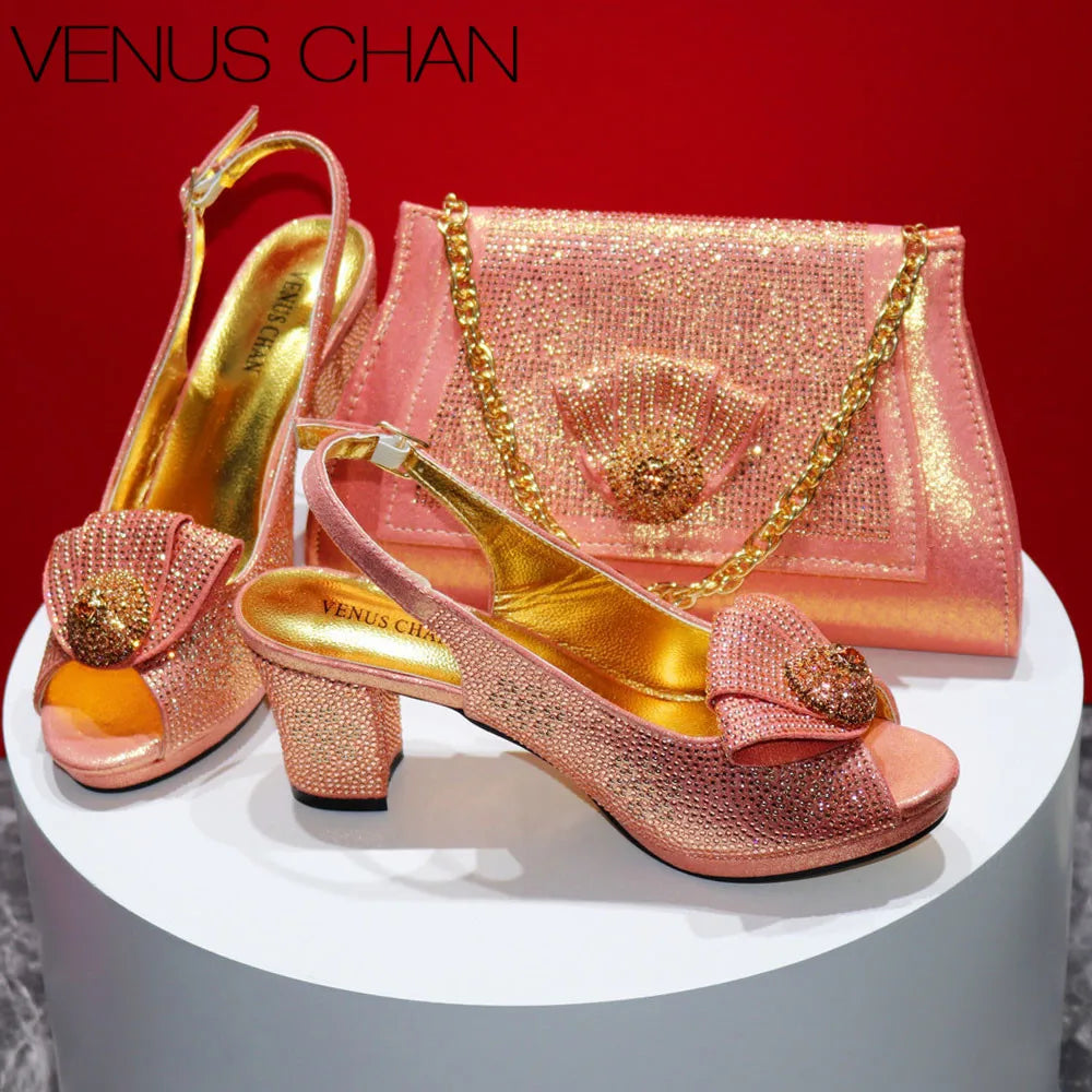 New Square Heels Peep Toe Shoes Matching Bag Set
