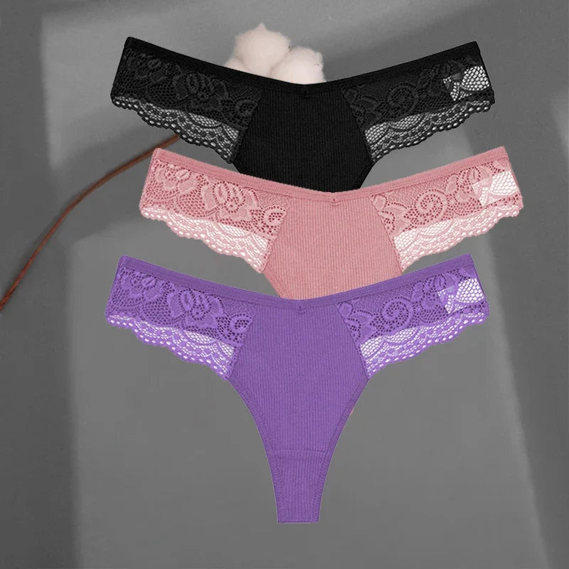 3Pcs/set Cotton Thongs Lace Bikini Underpants Women S-XL T-Back Underwear Ladies G-string Soft Thong Panties Female Lingerie New