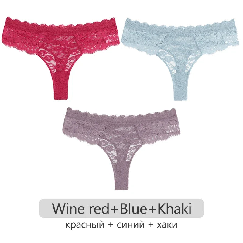Full Lace Thongs Women 3Pcs/set Sexy G-string Underpants S-XL Ladies Floral T-Back Underwear Female Bikini Panties Girl Lingerie