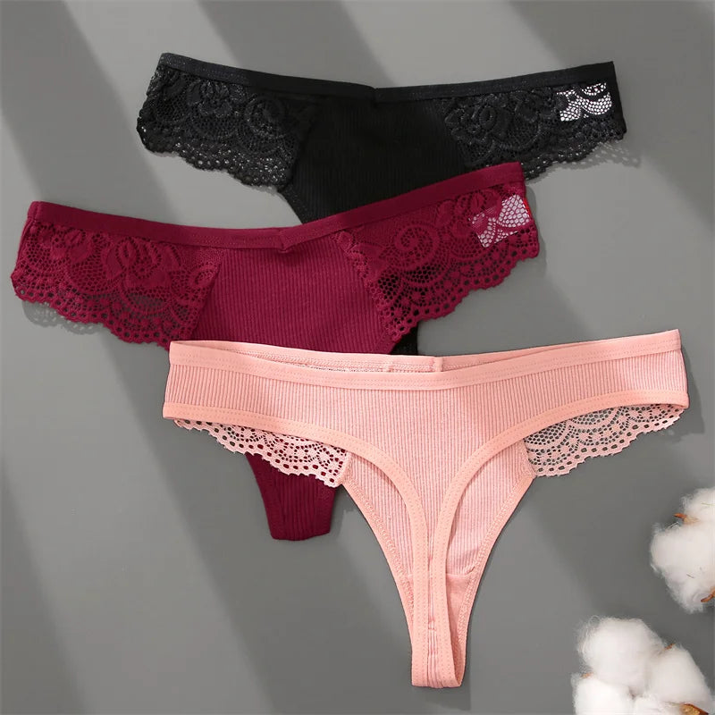 3Pcs/set Cotton Thongs Lace Bikini Underpants Women S-XL T-Back Underwear Ladies G-string Soft Thong Panties Female Lingerie New