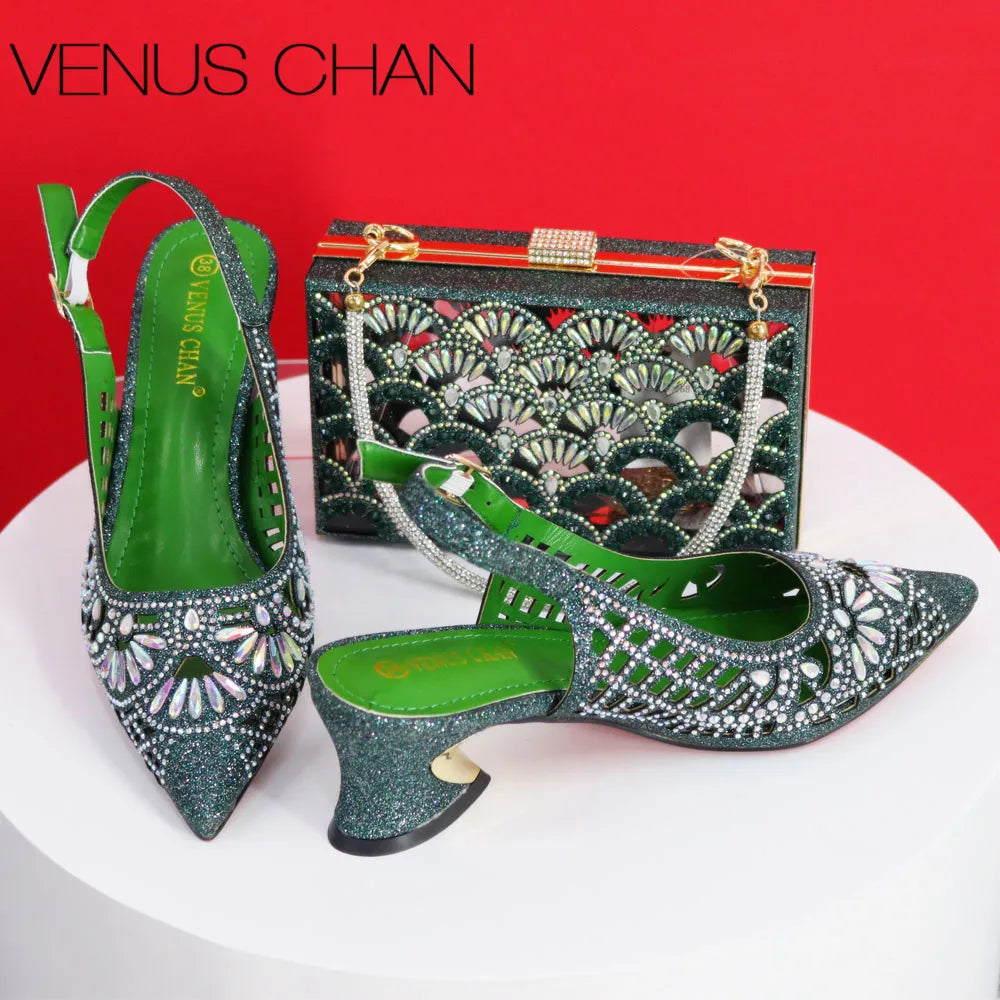 Italian Design Slope Heel Sequin Elegant Ladies Shoes and Bag Set