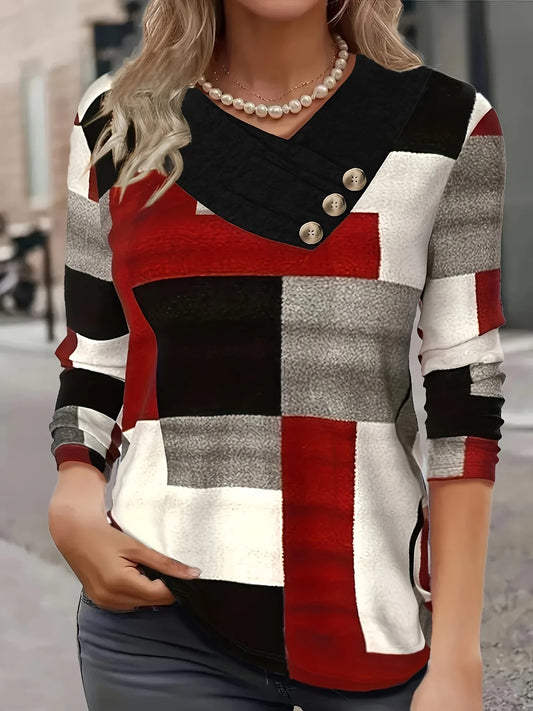 Autumn Thin Fashion Plaid Print V-Neck Button Plus Size Women's Long