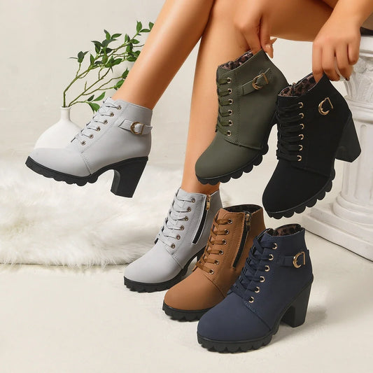 Women Lace‑Up Ankle Boots With Metal Buckle Side Zipper Chunky Block Heels