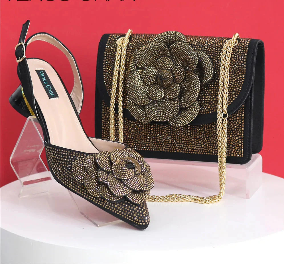 Elegant Lady Shoes And Bag Set with Rhinestone Pearls-knot