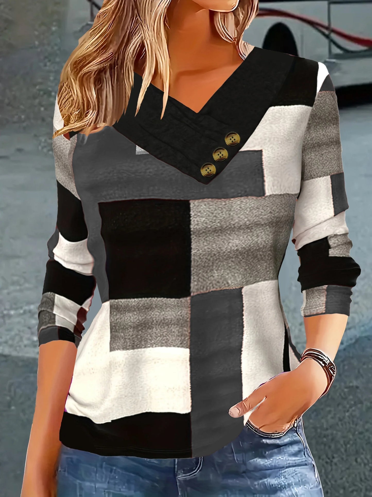 Autumn Thin Fashion Plaid Print V-Neck Button Plus Size Women's Long
