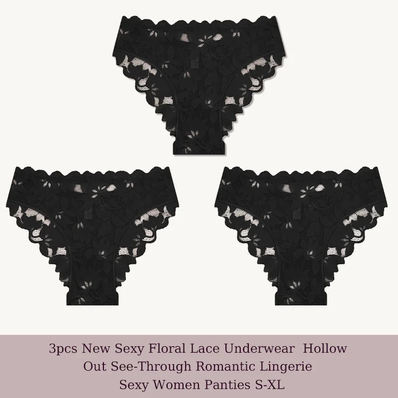 3Pcs/Set Sexy Floral Lace Underwear Panties Sets Hollow Out See-Through Romantic Lingerie Underwear Sexy Women Panties S-XL