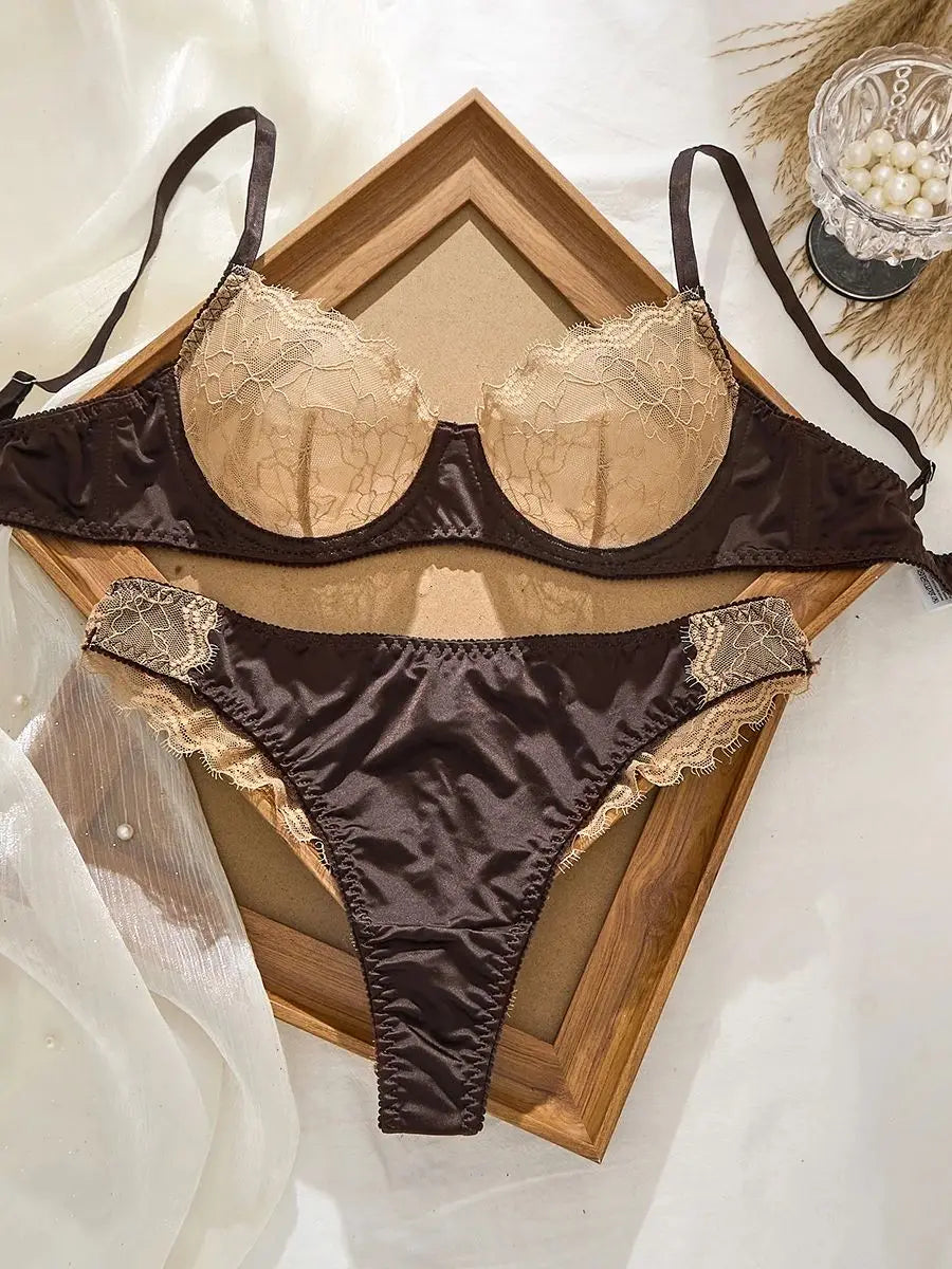 Sexy Lace Flowers Embroidery Lingerie Set for Women Ultra Thin Breathable Bra Button Decoration Underwear French Bras Thong Sets