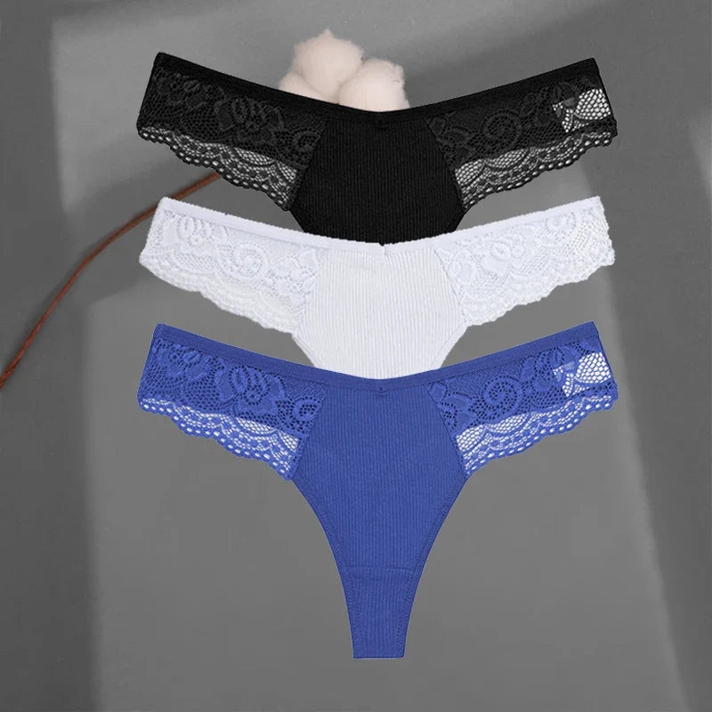 3Pcs/set Cotton Thongs Lace Bikini Underpants Women S-XL T-Back Underwear Ladies G-string Soft Thong Panties Female Lingerie New