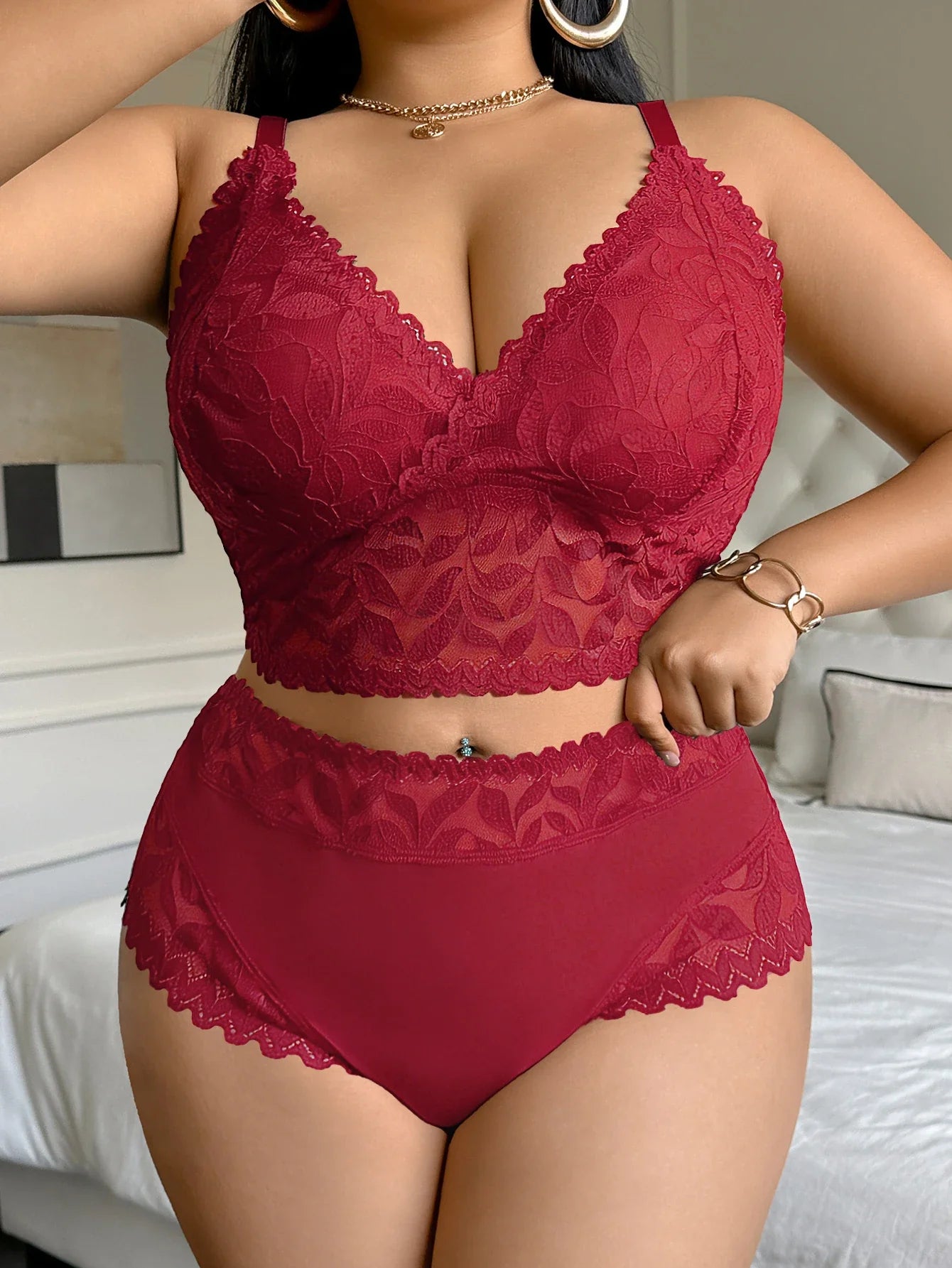 Sexy Plus Size Women's Underwear Set Floral Lace Unlined Wireless Bra Breathable Mesh Underwear Sexy Lingerie Set