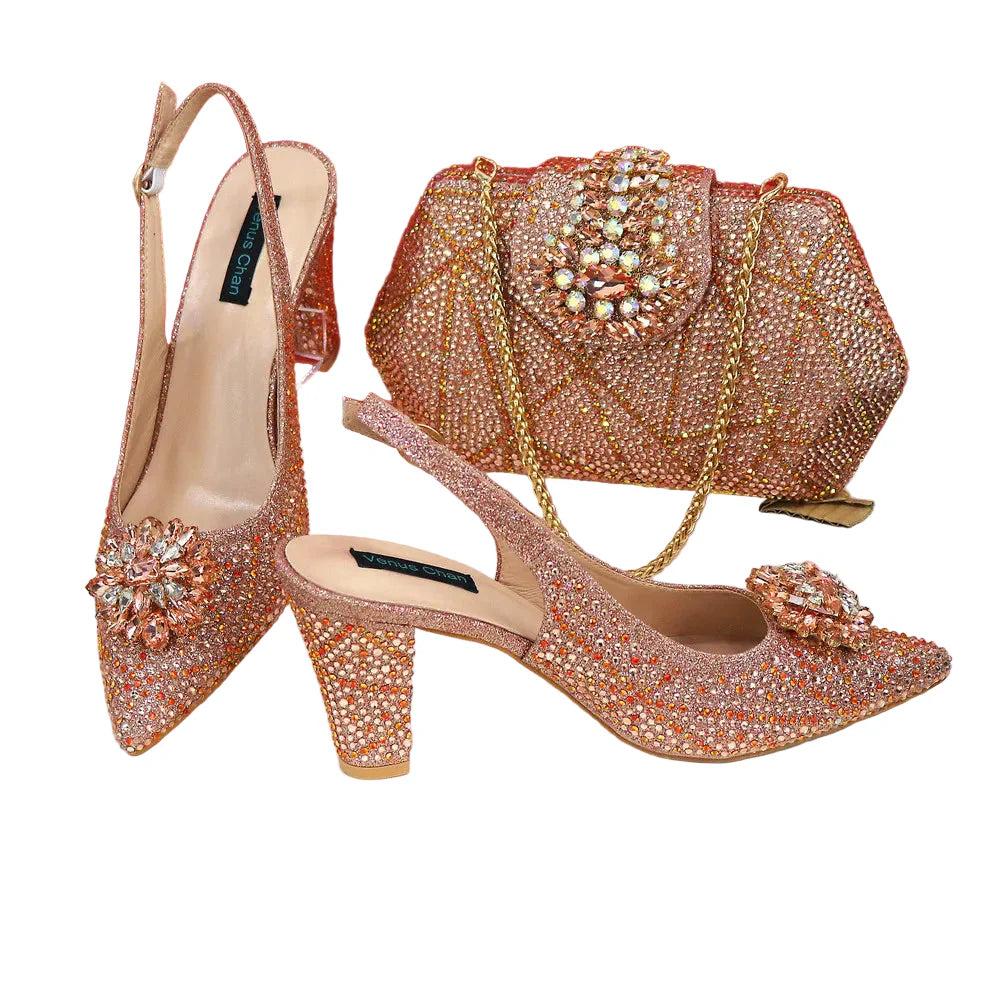 Italian Shoe and Bag Set With Decorated with Rhinestone