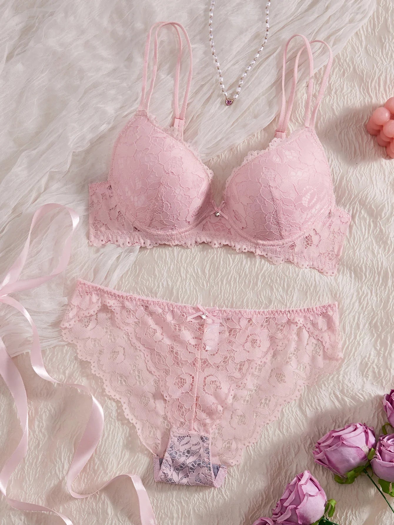 Women's Sexy Lingerie Set Lace Patchwork Solid Color Bowknot Rhinestone Embellished Push-Up Double Shoulder Strap Unlined Comfortable Underwear, Lace Semi-Transparent Breathable Panties