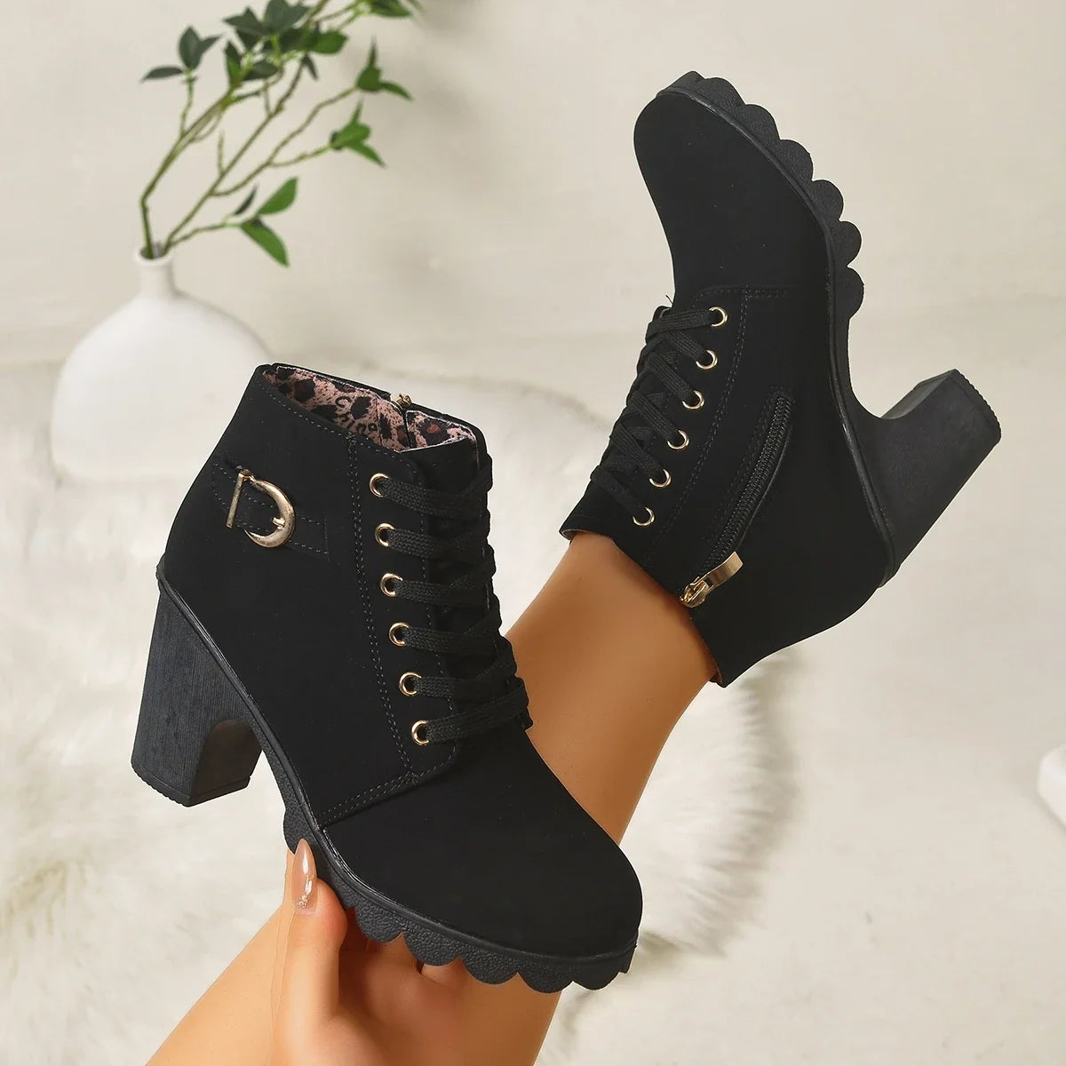 Women Lace‑Up Ankle Boots With Metal Buckle Side Zipper Chunky Block Heels