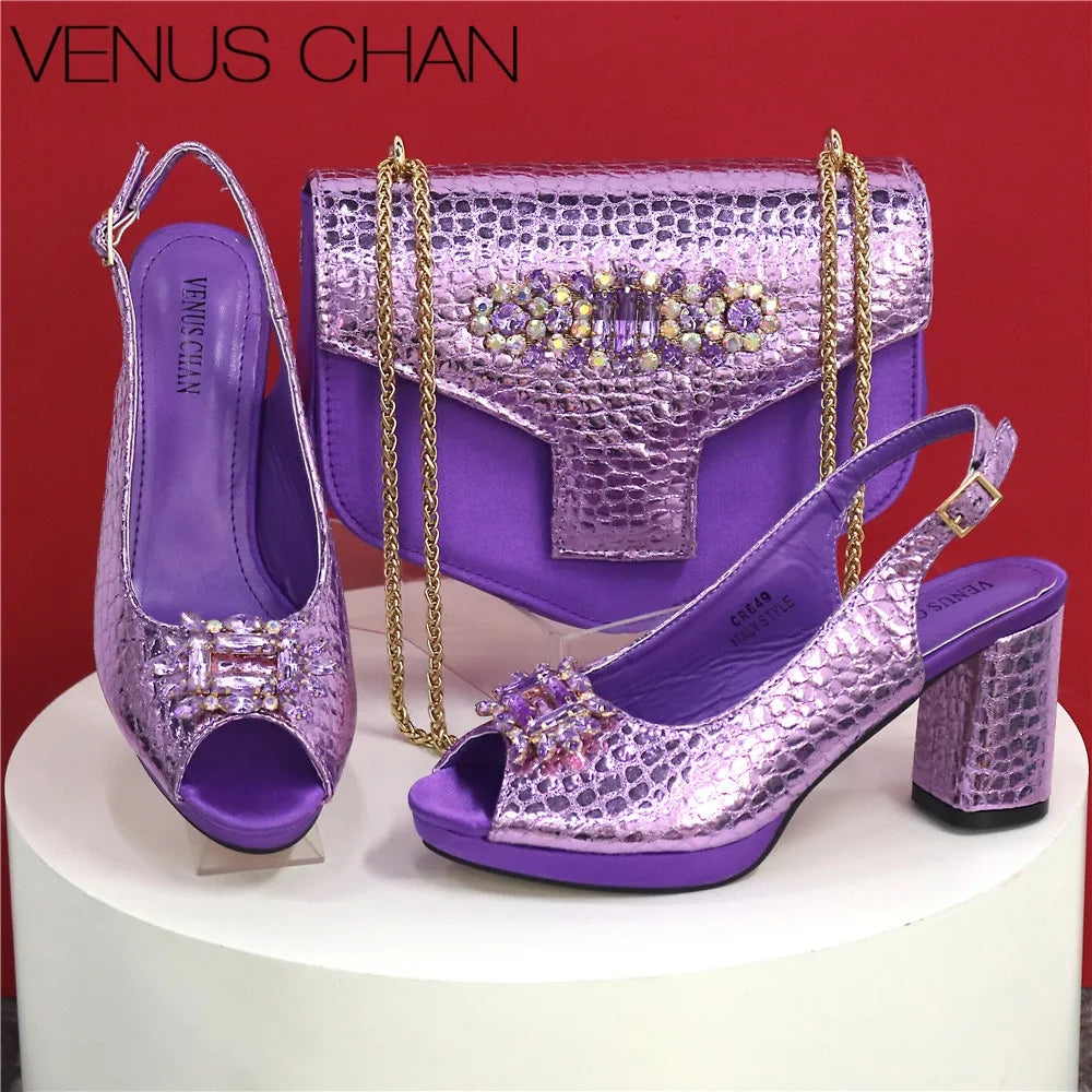 Open Toe Women Heels Shoes And Bag Set